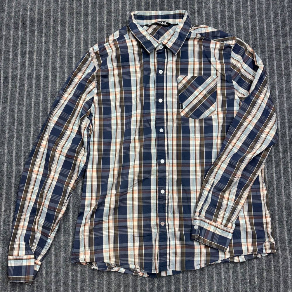 TravisMathew Mens XL Plaid Button Down Shirt Navy Blue Stretch Cotton Blend